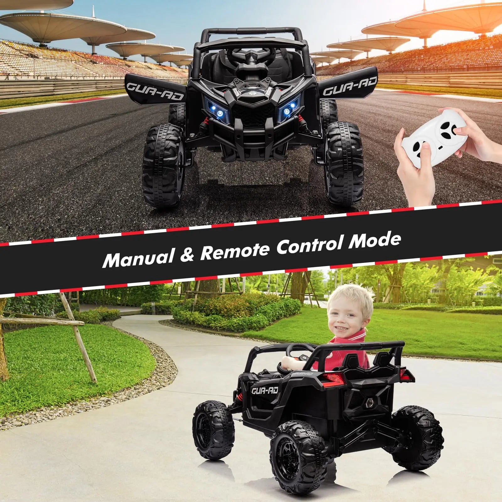 GUA-AD 24V kids ride-on UTVs, 2-seat with parent remote, LED headlights; two units