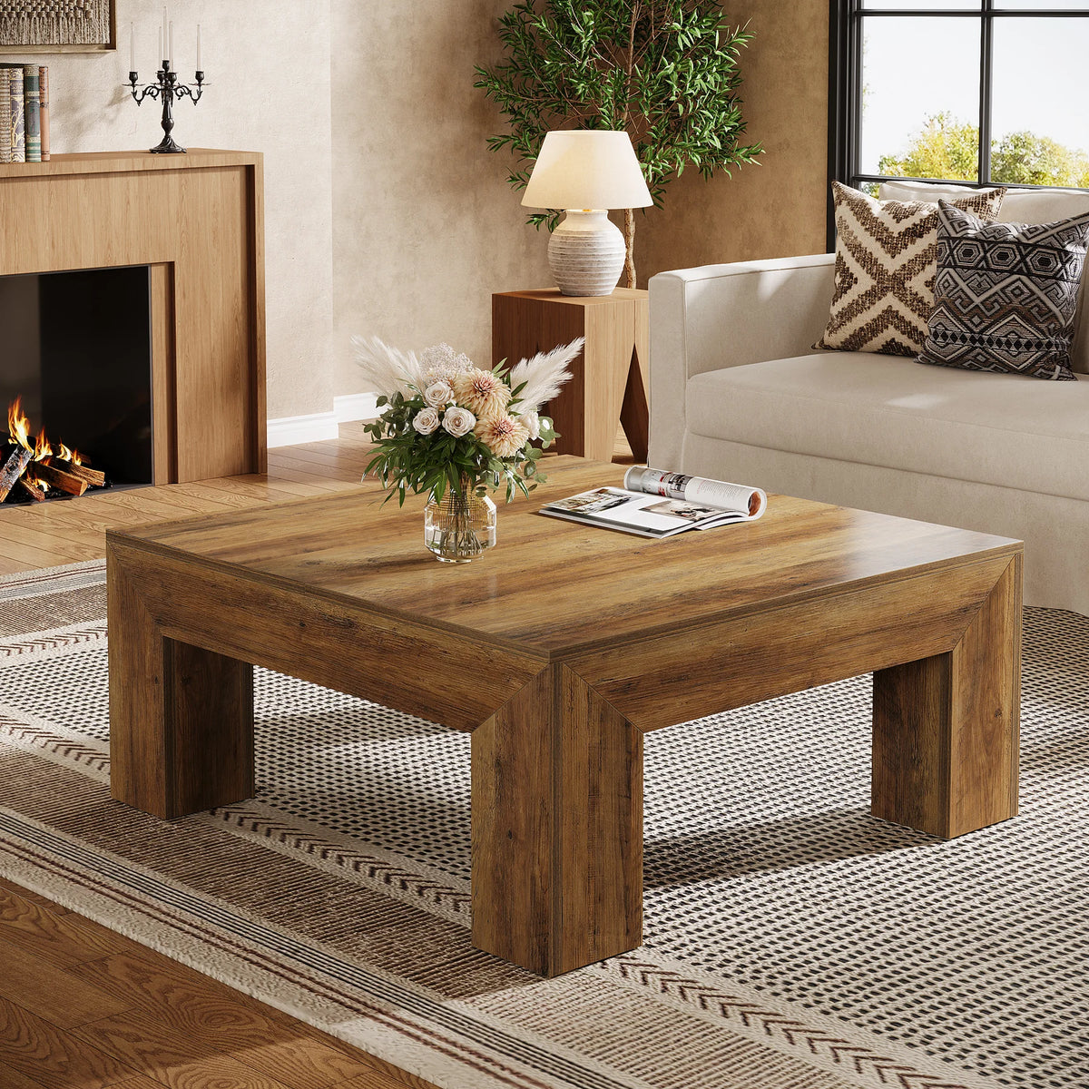 Tribesigns 39.4-inch square farmhouse coffee table with natural wood finish and sturdy wooden legs