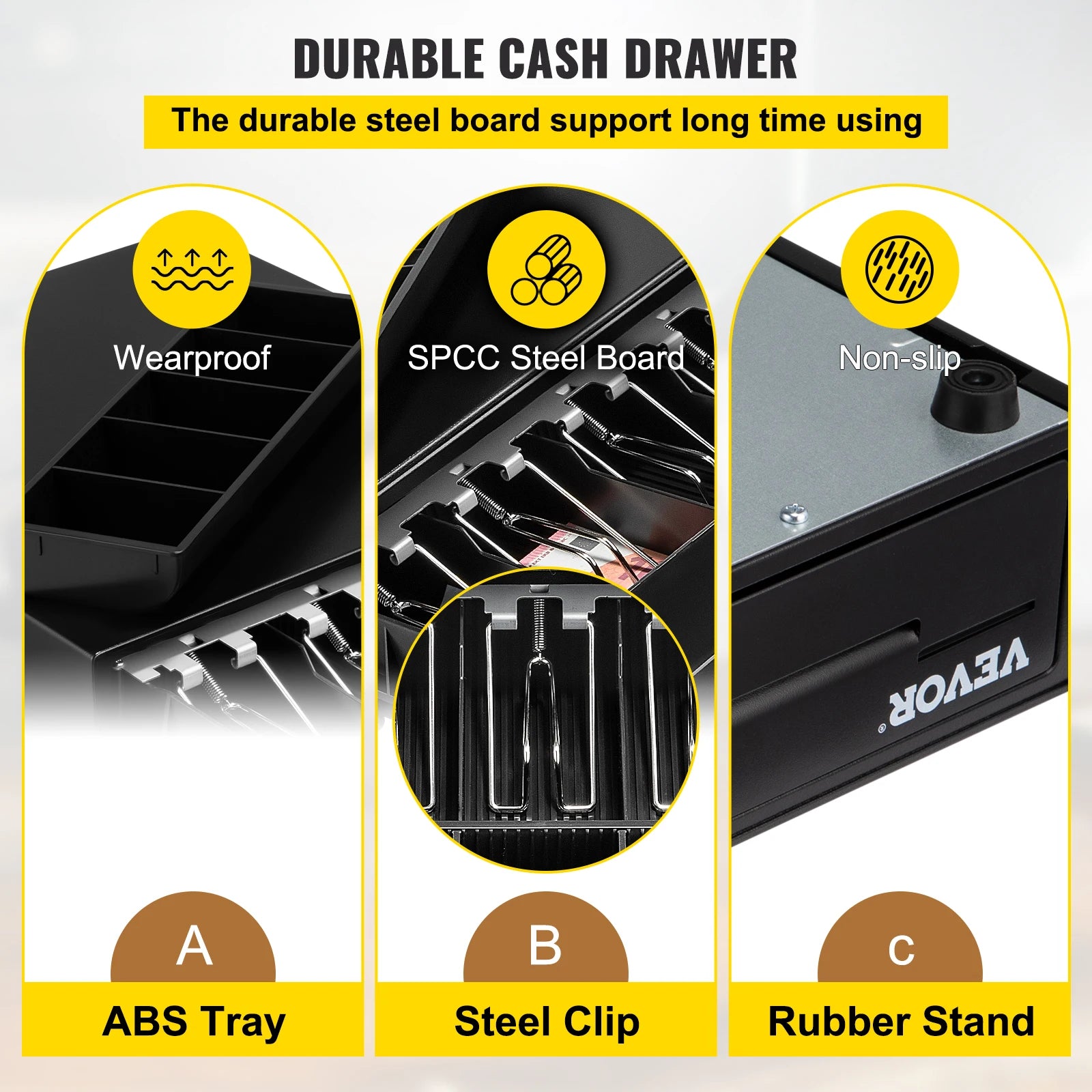 Cash register drawer for POS with ABS tray, steel clip, and rubber stand