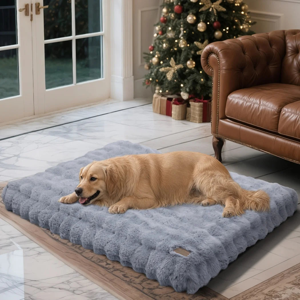 Ultra Plush Dog Bed in blue-gray, large soft cushion for dogs, washable pet mattress.