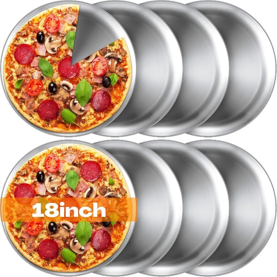 8-piece bulk stainless steel pizza pans set, 18-inch round bakeware for oven baking