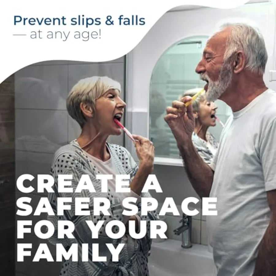 Anti-Slip Shower Stickers by S And B Enterprise, white non-slip bath strips with strong adhesive for tubs; older couple in bathroom.