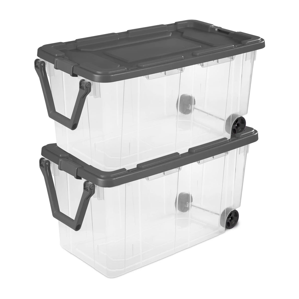 Sterilite 40-gallon wheeled storage bin with gray lid and handle, clear container
