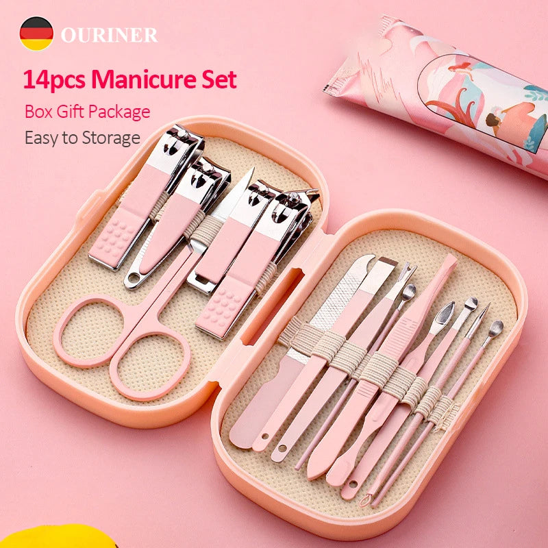 14 Piece Deluxe Manicure & Pedicure Set Pink And Blue Stainless Steel Nail Scissors, Clippers, Ear Digging Spoon for Men & Women by S And B Enterprise