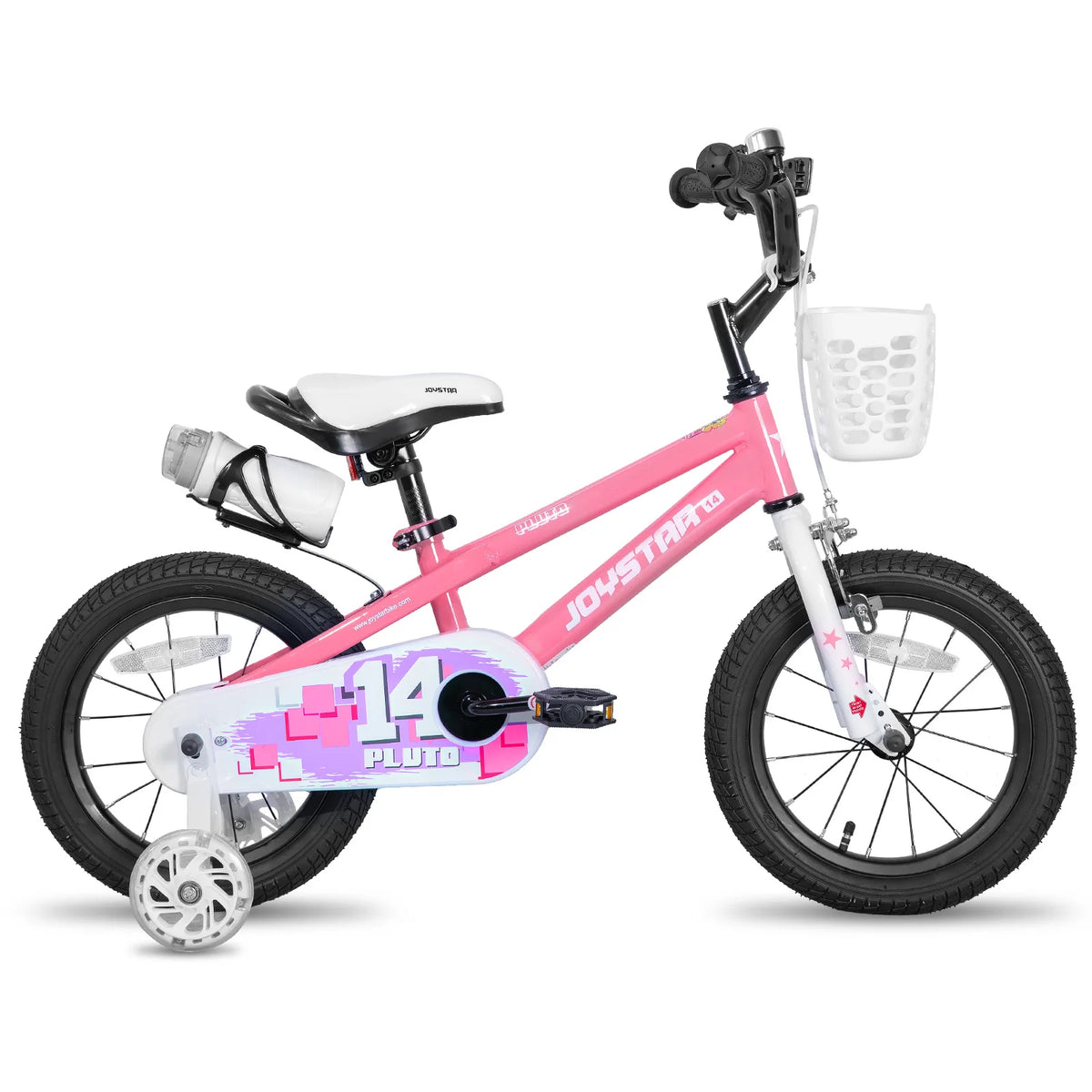 JOYSTAR kids' bicycle pink frame with white basket and training wheels