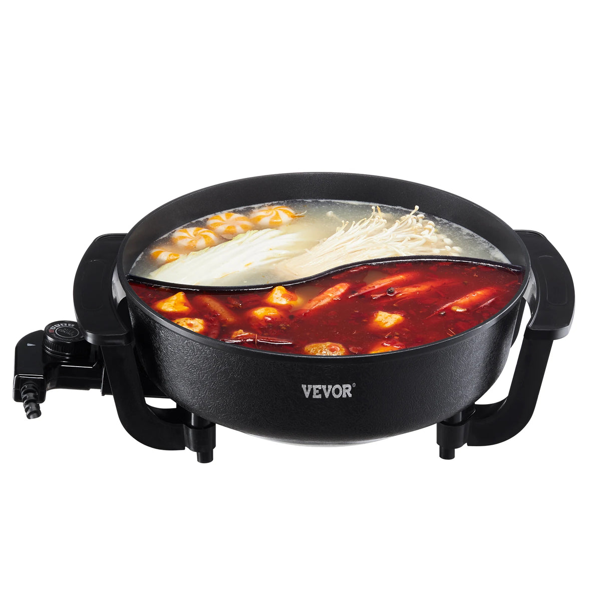 VEVOR electric hot pot with divider for two broths, black non-stick shabu shabu pot