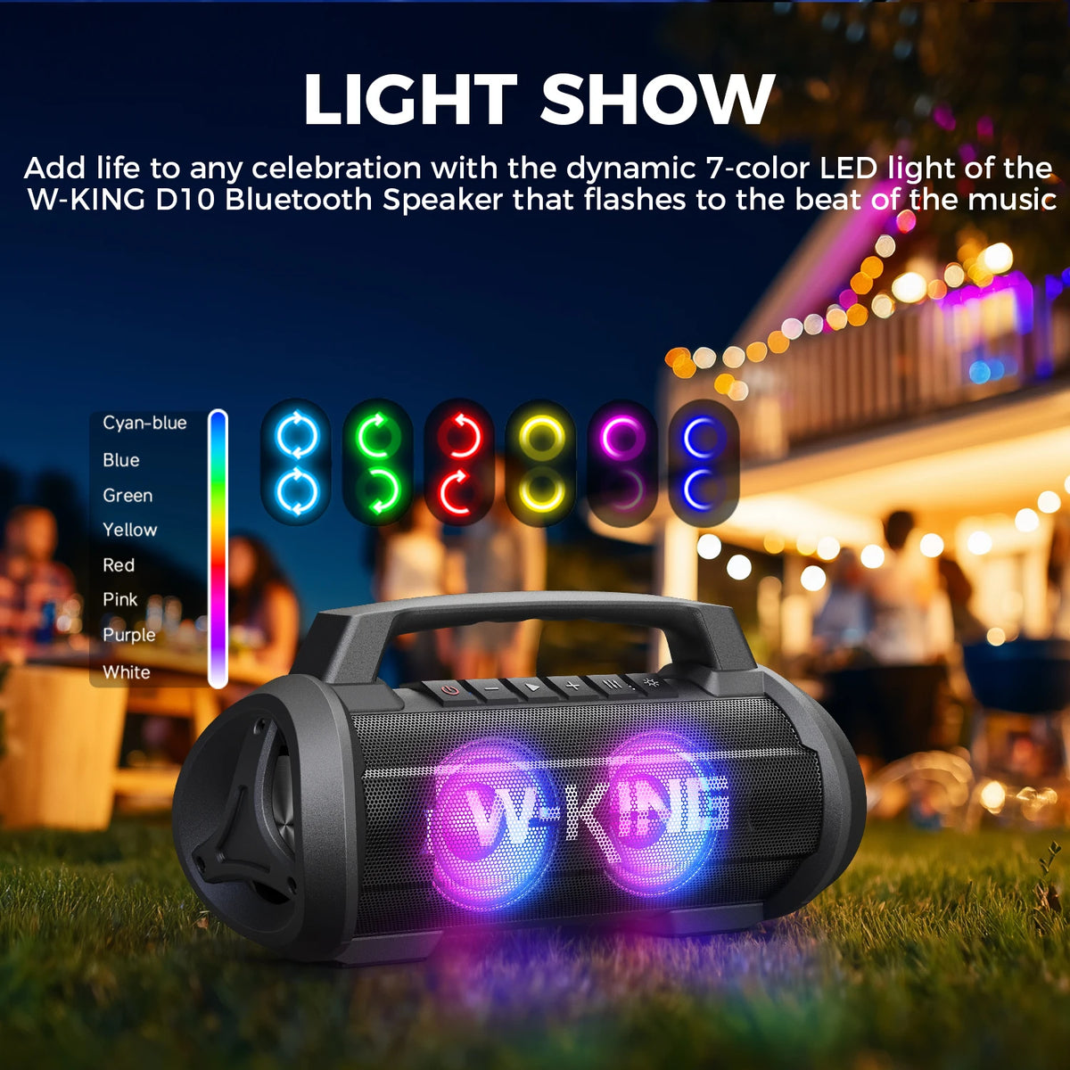 W-KING D10 Bluetooth speaker with multi-color LED lights, portable outdoor boombox