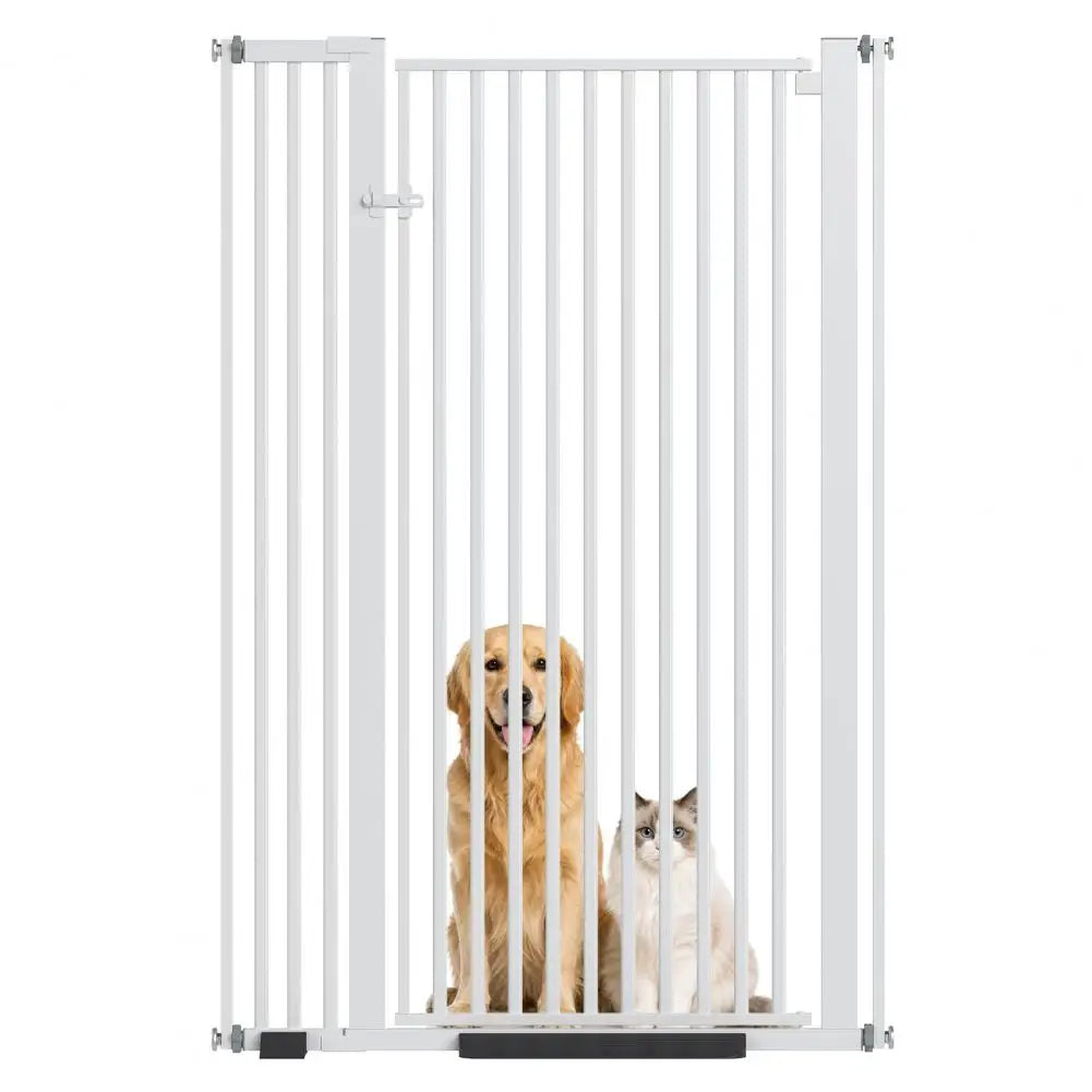 55-inch extra-tall pet gate by S And B Enterprise, white pressure-mounted safety gate with vertical bars and pets.
