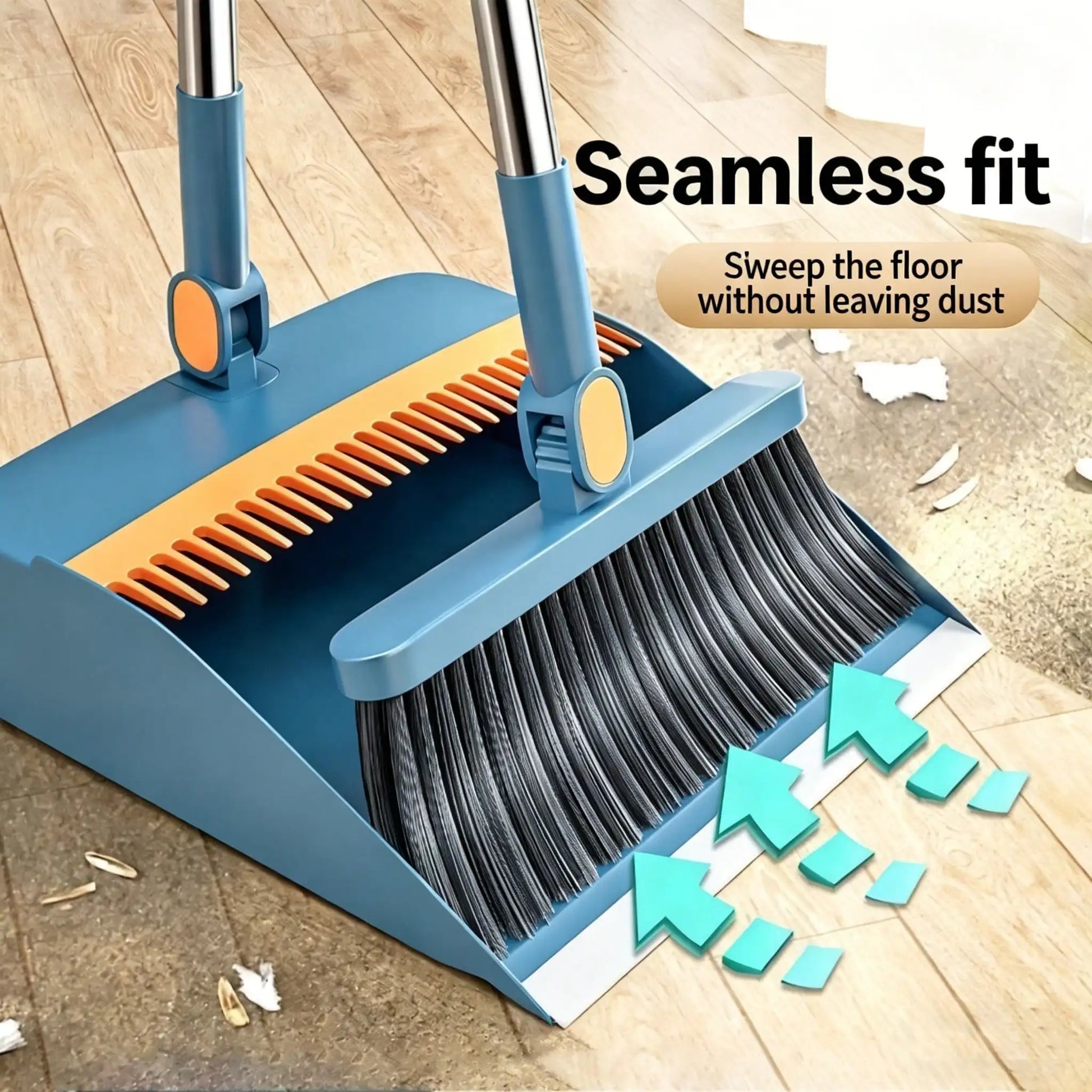 Broom And Dustpan Set, Blue, 2-Piece, 180 Degree Rotatable, Extendable Handle Up To 53 Inches, 4-Layer Thick Brush, Comb Teeth, Folding Storage by S And B Enterprise