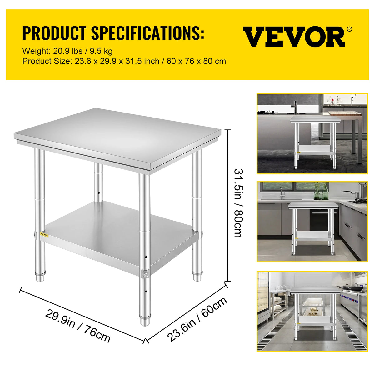 Stainless steel kitchen work bench with undershelf, commercial grade, silver, 29.9 x 23.6 x 31.5 in
