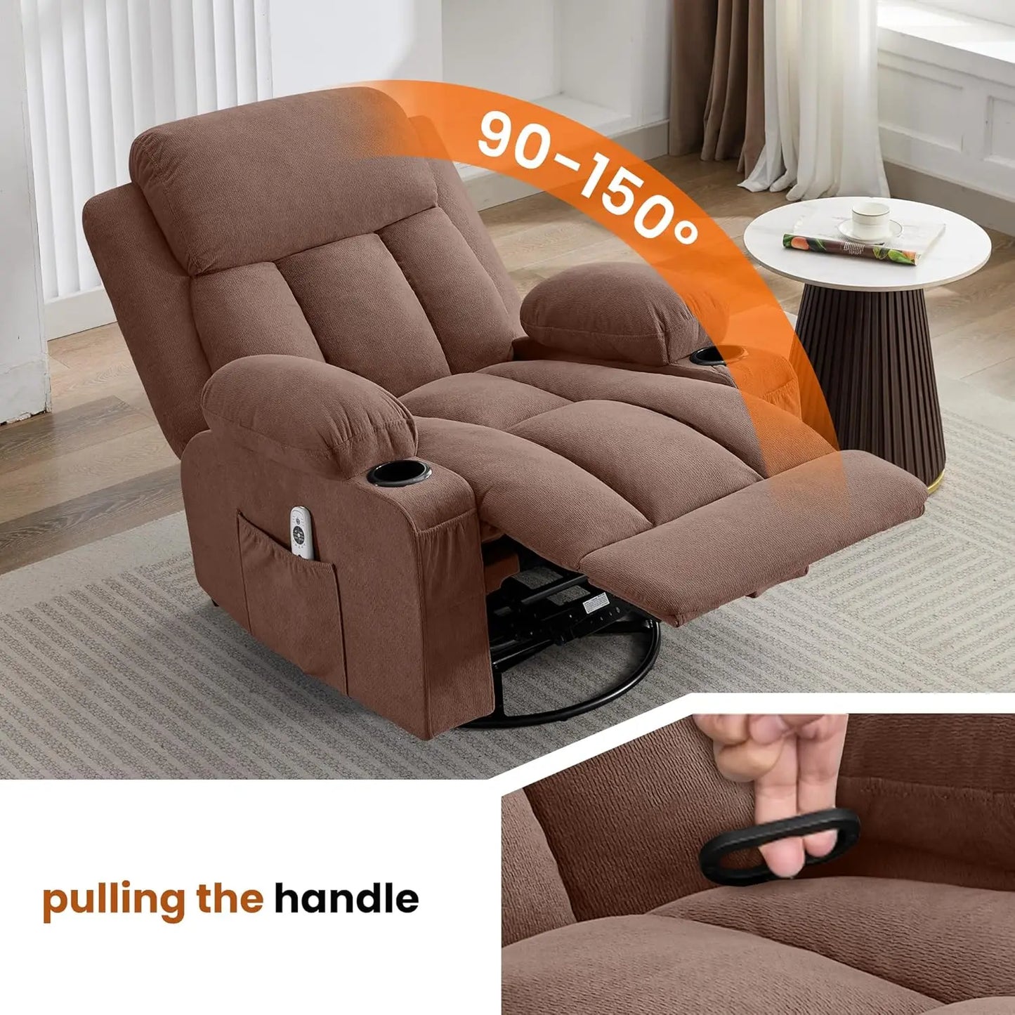 Swivel Rocker Recliner Chair With Vibration Massage Heat USB Port