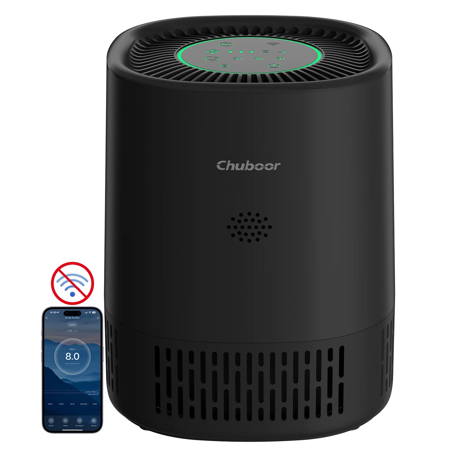 Chuboor air purifier, black cylindrical unit with green LED ring and smartphone app control