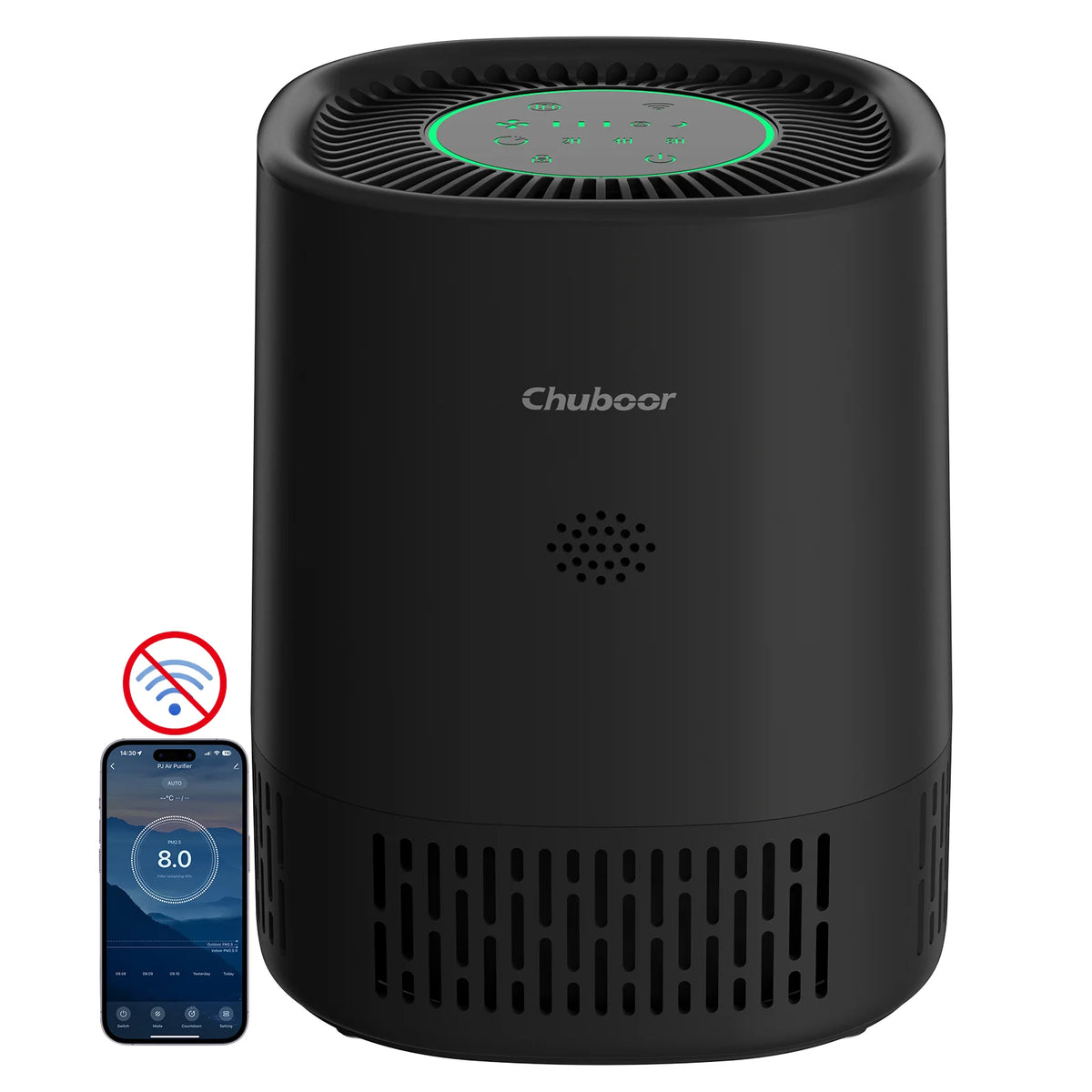Chuboor air purifier, black cylindrical unit with green LED ring and smartphone app control