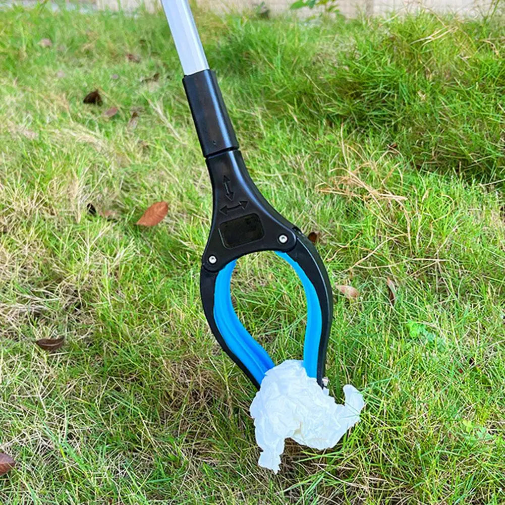 Flexible folding grabber tool with blue handle for outdoor trash pickup