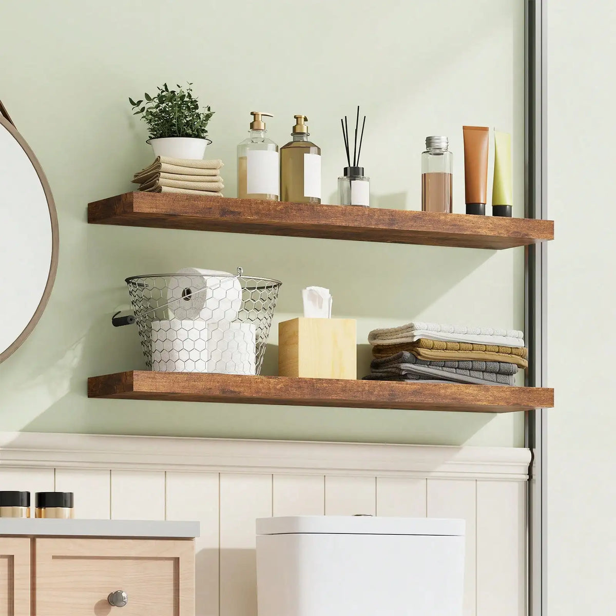 Floating Shelves set of 2, rustic brown MDF wood, wall-mounted, by S And B Enterprise.