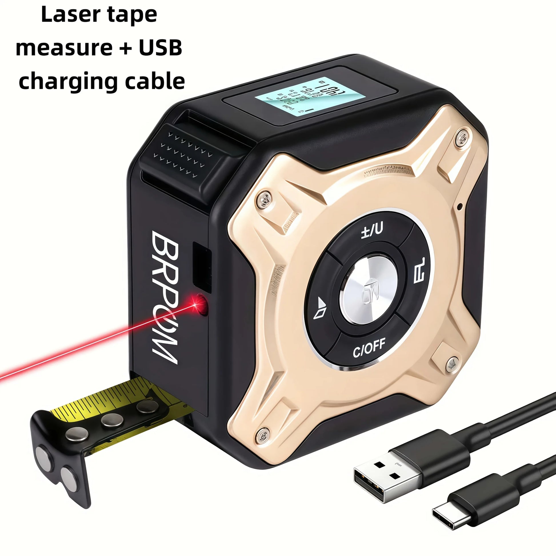 Laser tape measure 50m with digital display; USB charging cable, black and gold handheld unit by S And B Enterprise