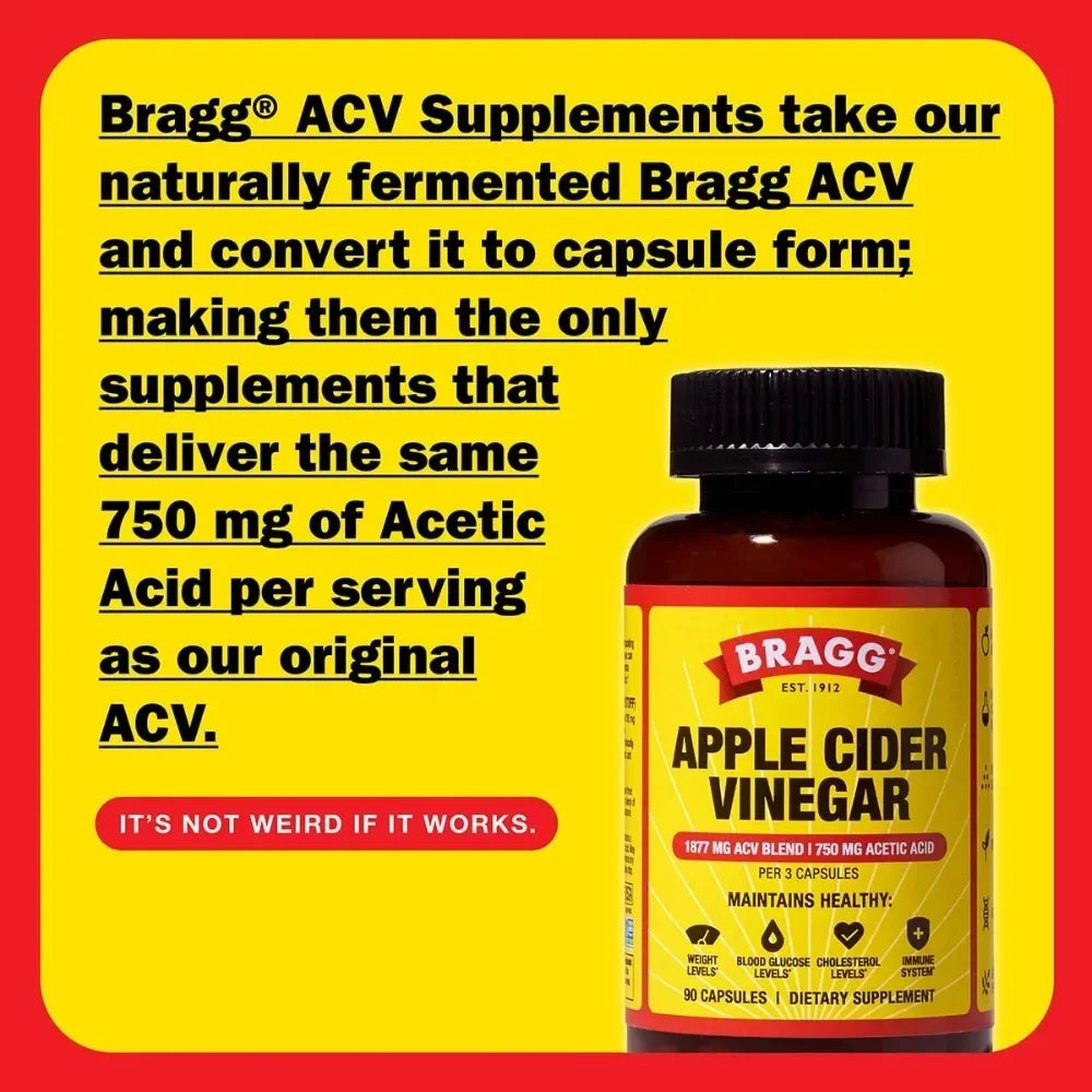 Bragg Apple Cider Vinegar capsules bottle with yellow label on red background