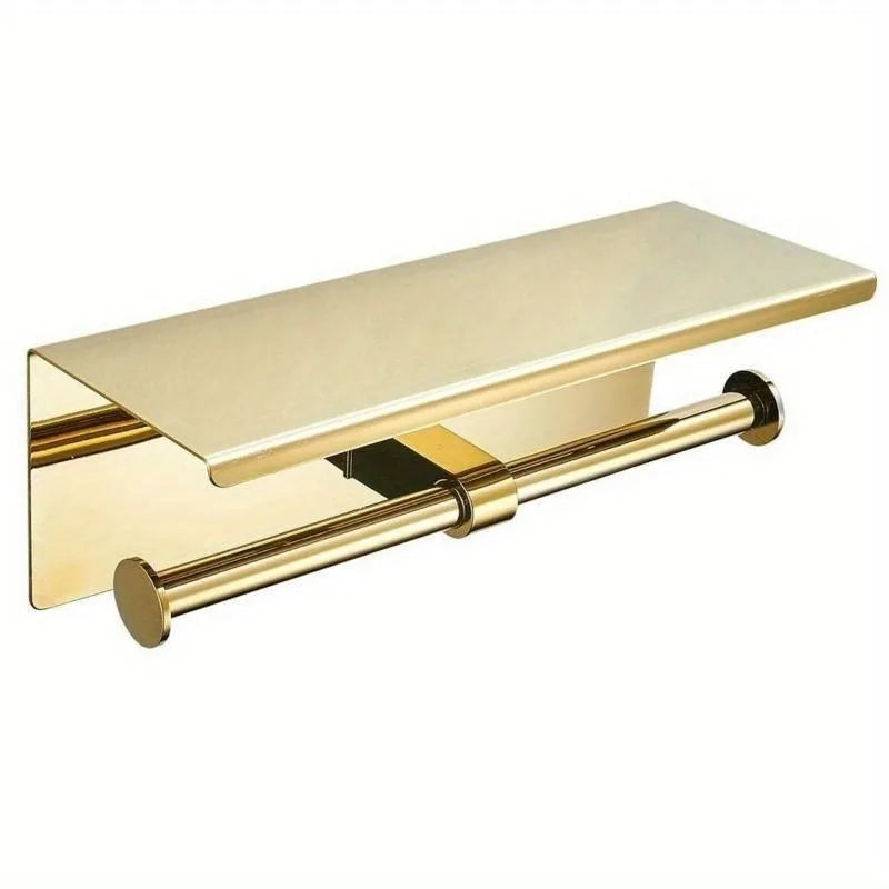 Wall-mounted gold-tone stainless steel toilet paper holder with shelf for two rolls