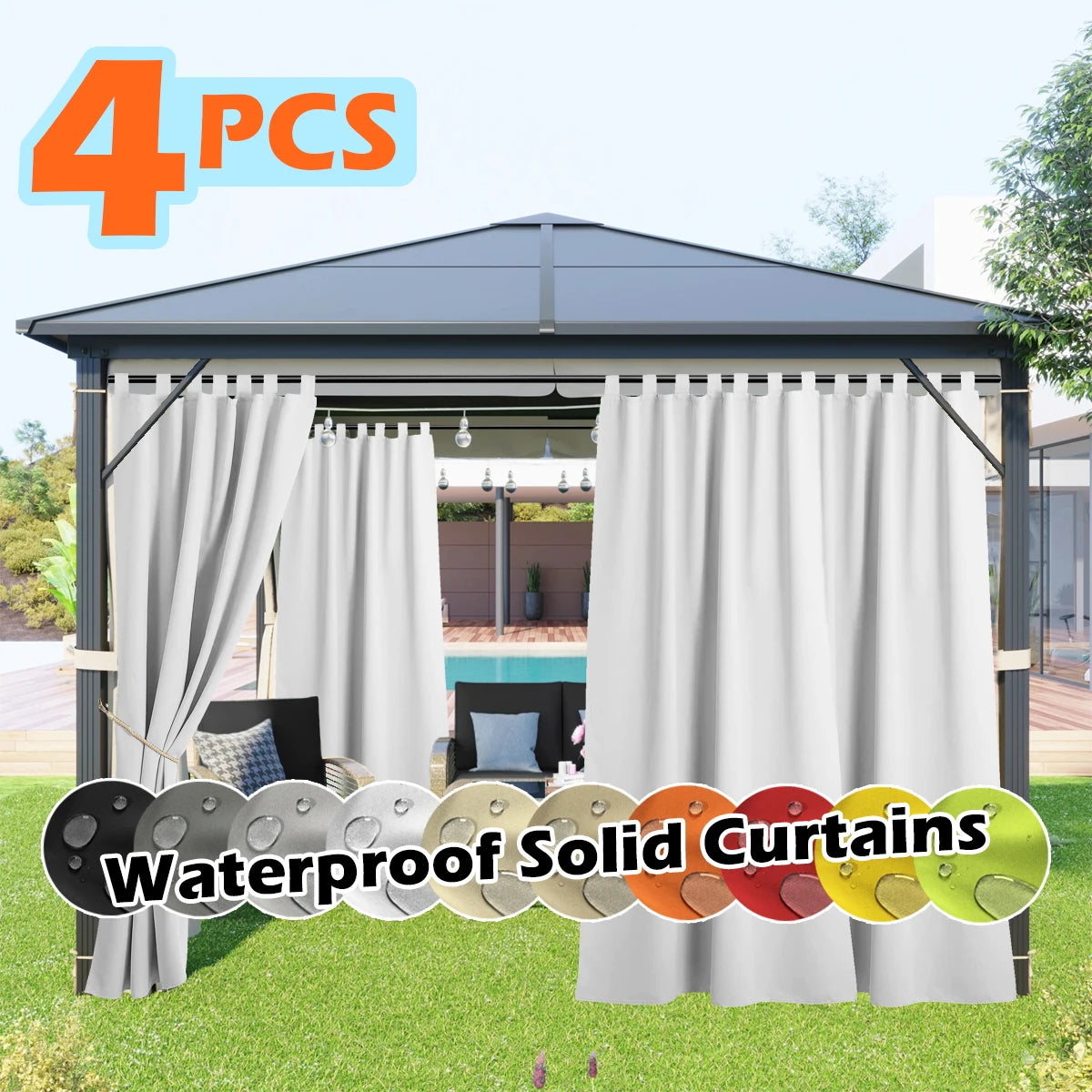4-panel outdoor curtains by S And B Enterprise, waterproof UV-resistant tab-top, light gray for gazebo or pergola