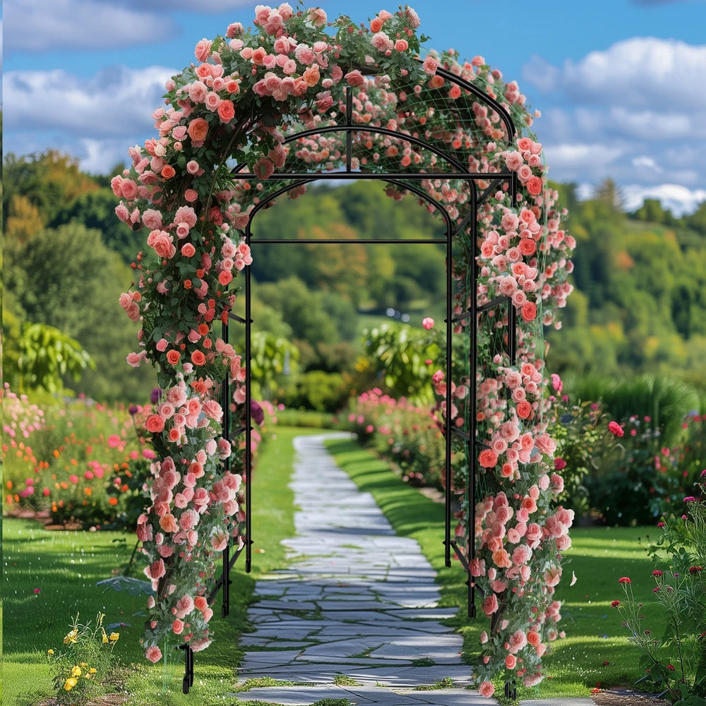 U-shaped black metal tall garden plant trellis arch wrapped in pink roses for climbing plants