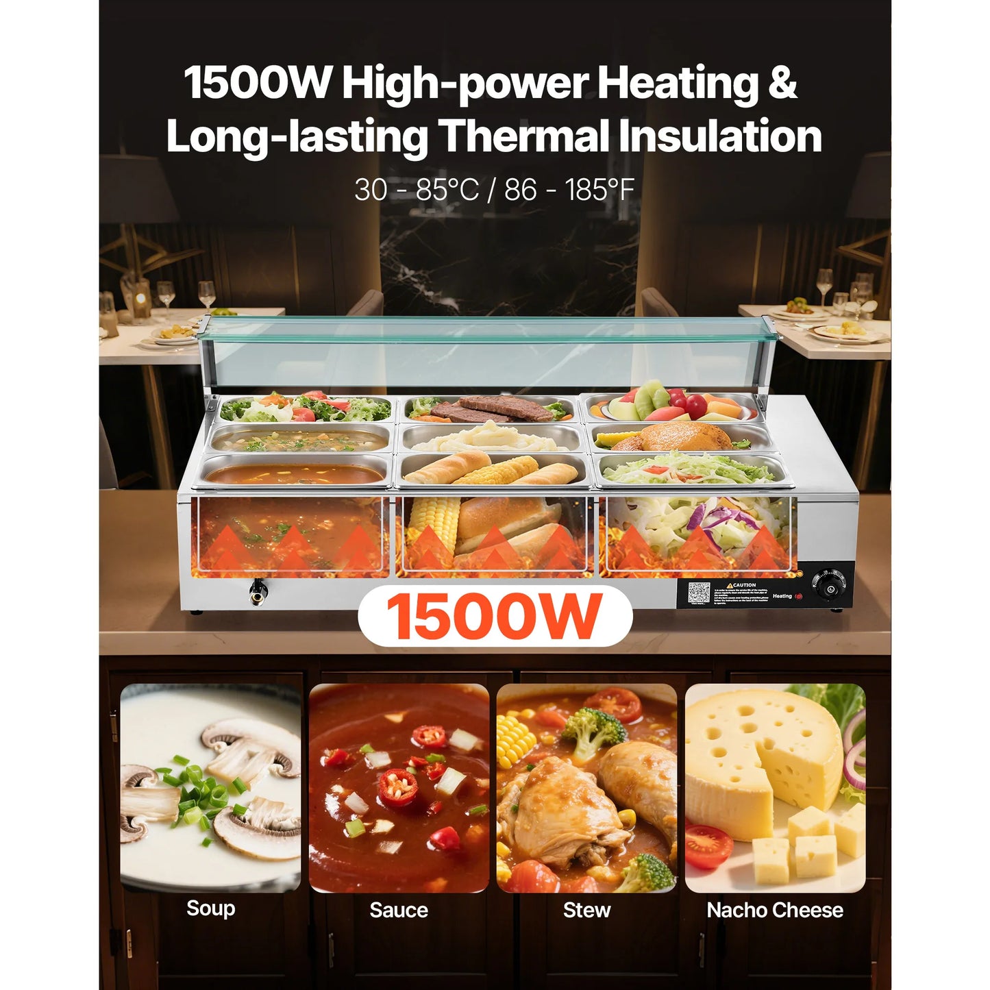SucceBuy Commercial Food Warmer Electric Stainless Steel With Glass Cover