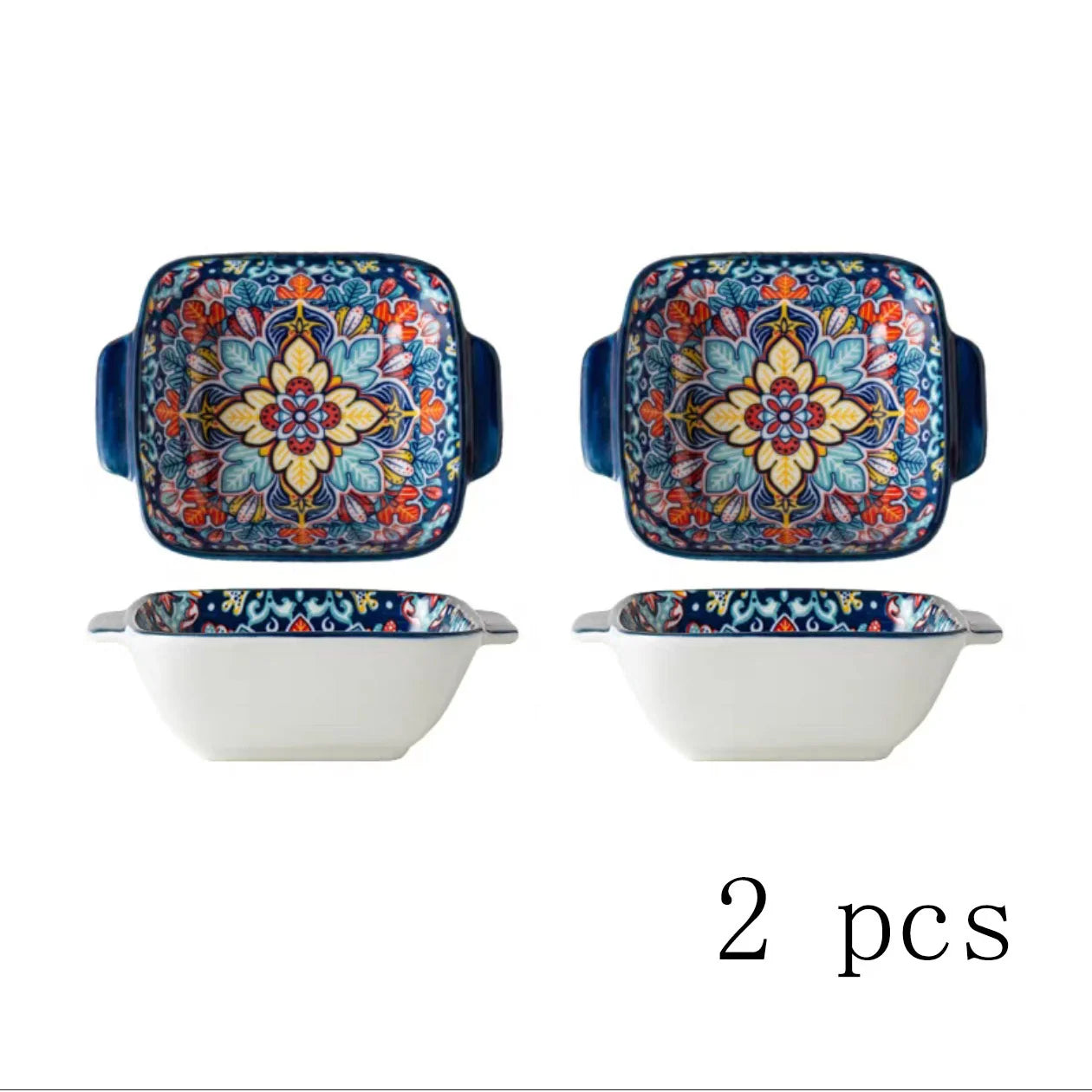 2Only15.24 Bohemian-Style Ceramic Salad Bowl/Pasta Bowl, Reusable Dessert Container with Handle/ Snack Bowl, Boho Tableware by S And B Enterprise