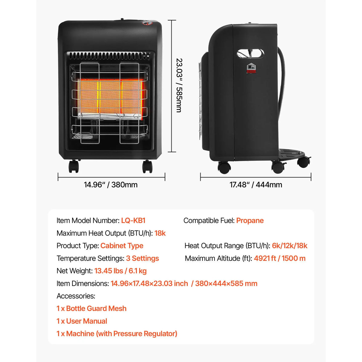 Propane cabinet heater, black with front grate and wheeled base.