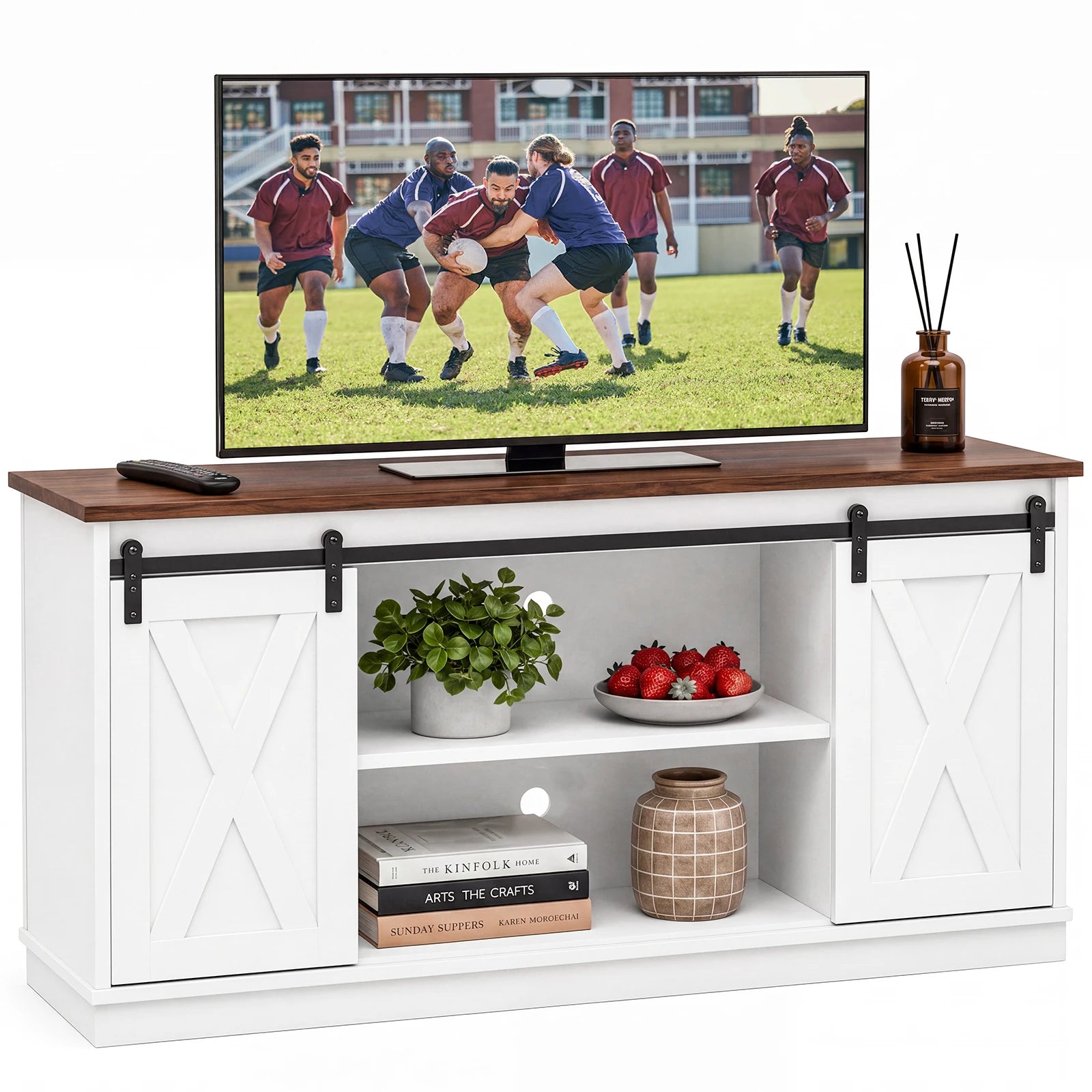 MCQ Wood Storage TV Console Cabinet in white with barn-door panels and dark wood top for a 65-inch TV