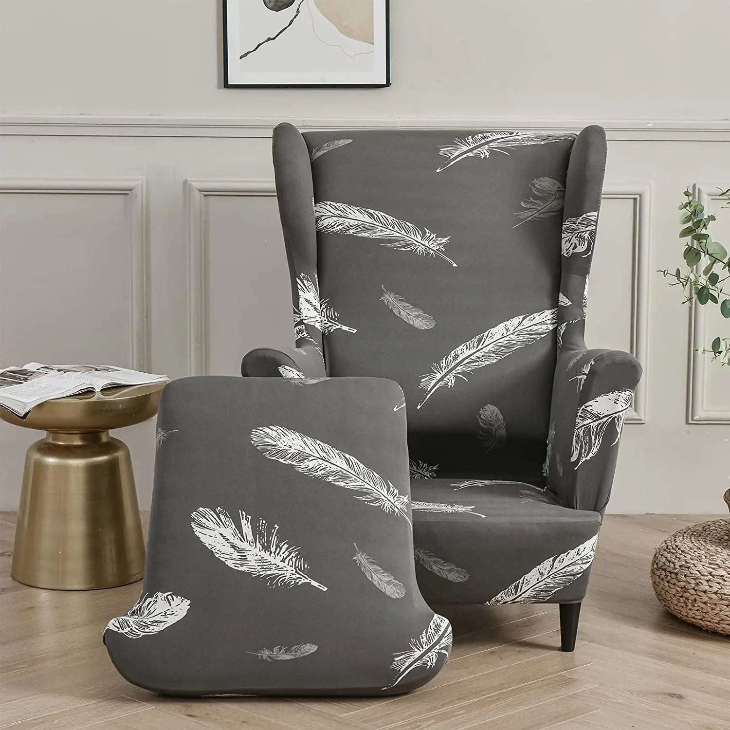 Printed Wing Chair Cover Wingback Stretch Spandex Armchair Covers Nordic Removable Relax Sofa Slipcovers With Seat Cushion Cover by S And B Enterprise