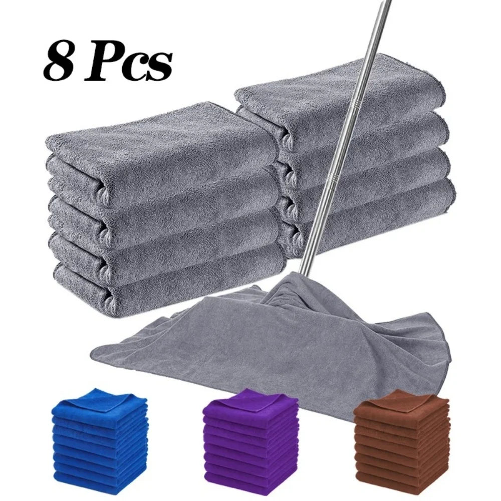 8pcs large microfiber cleaning cloths set; high-absorbency reusable towels in gray with blue, purple, and brown options