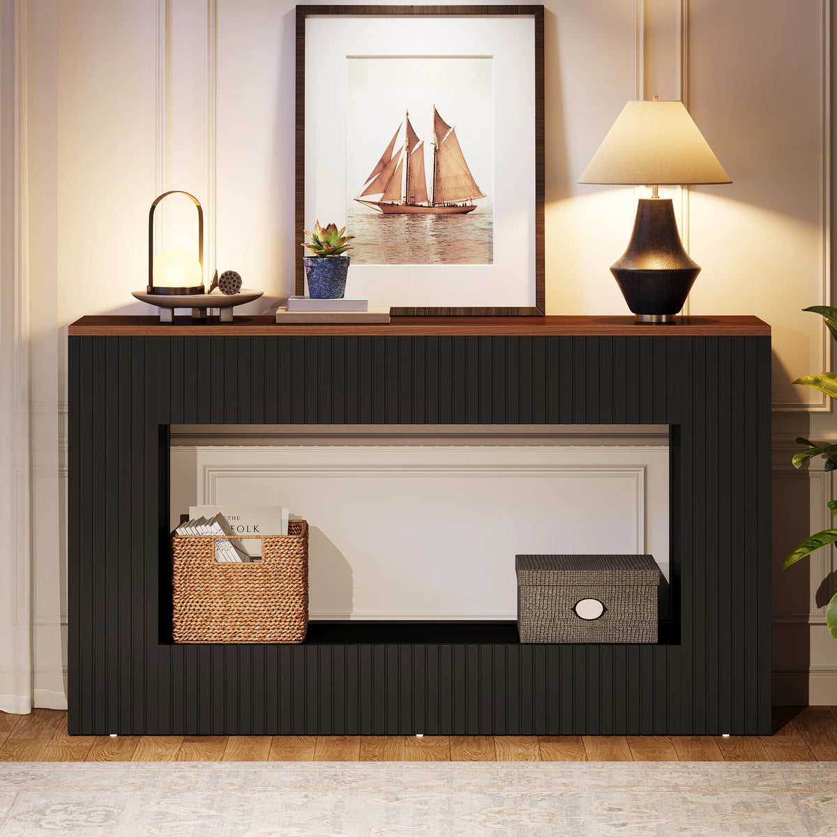 Tribesigns 55-inch wood console table with storage in black, featuring two storage baskets and decorative accents.
