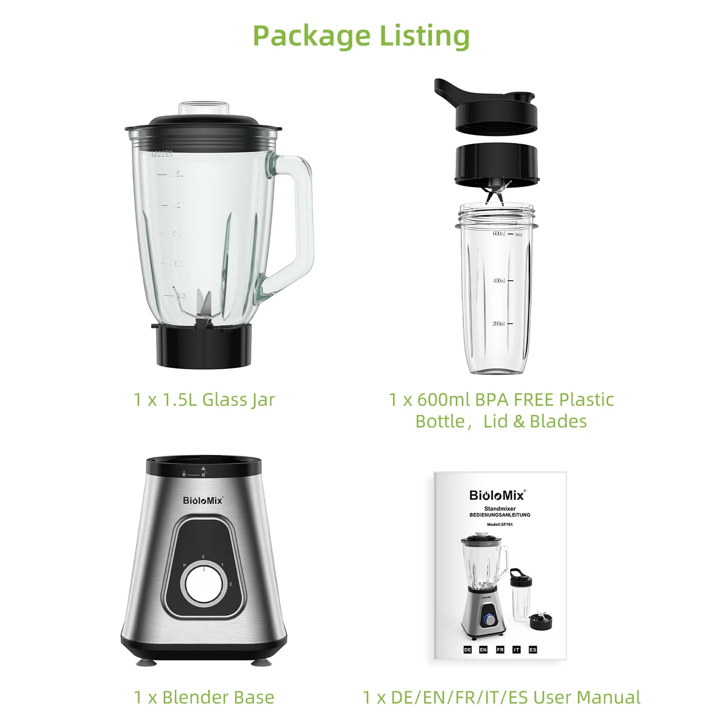 Biolomix 1300W Smoothie Maker With Glass Jar Blender