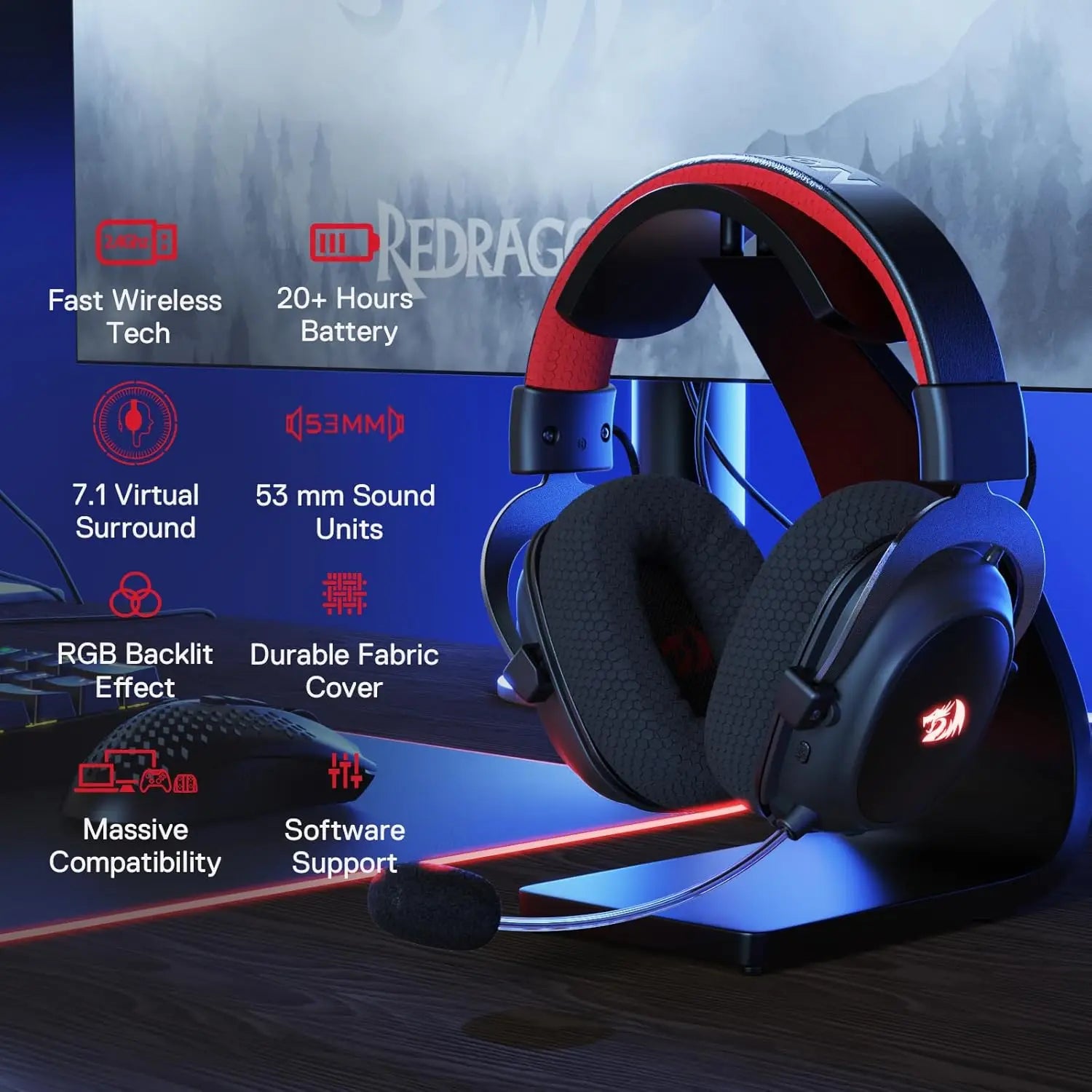 Redragon H510 PRO Zeus-X RGB Wireless Gaming Headset 7.1 Surround Sound 53MM Audio Drivers Multi Platforms Headphone by S And B Enterprise