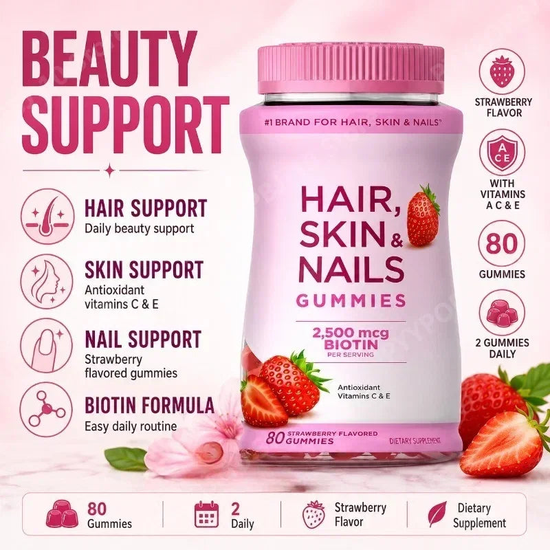 Hair Skin Nails Gummies with Biotin 2500 Mcg Vitamins A C E Strawberry Flavored Daily Beauty Support 80 Gummies by S And B Enterprise
