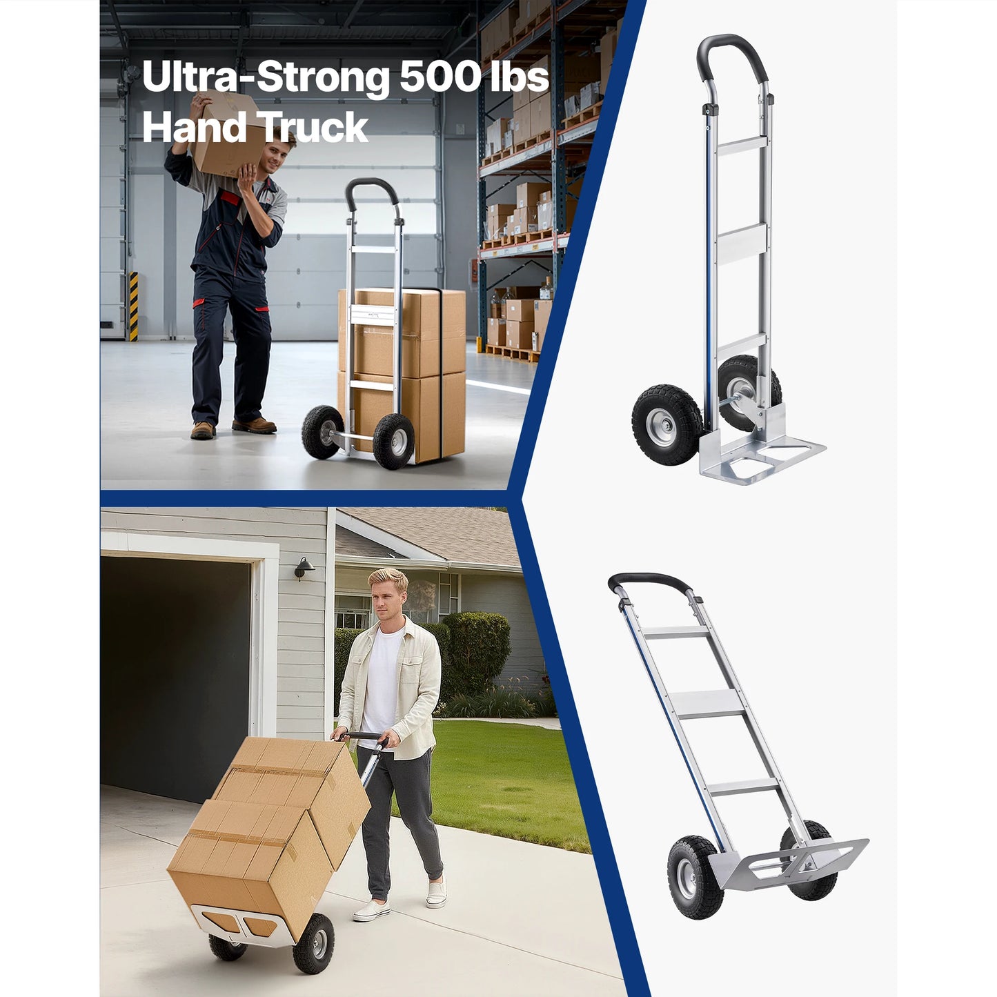 SucceBuy 500LBS Hand Truck Dolly with Non-Slip Wheels & Tie-down Strap Aluminum Alloy Portable Trolley for Moving Home Warehouse