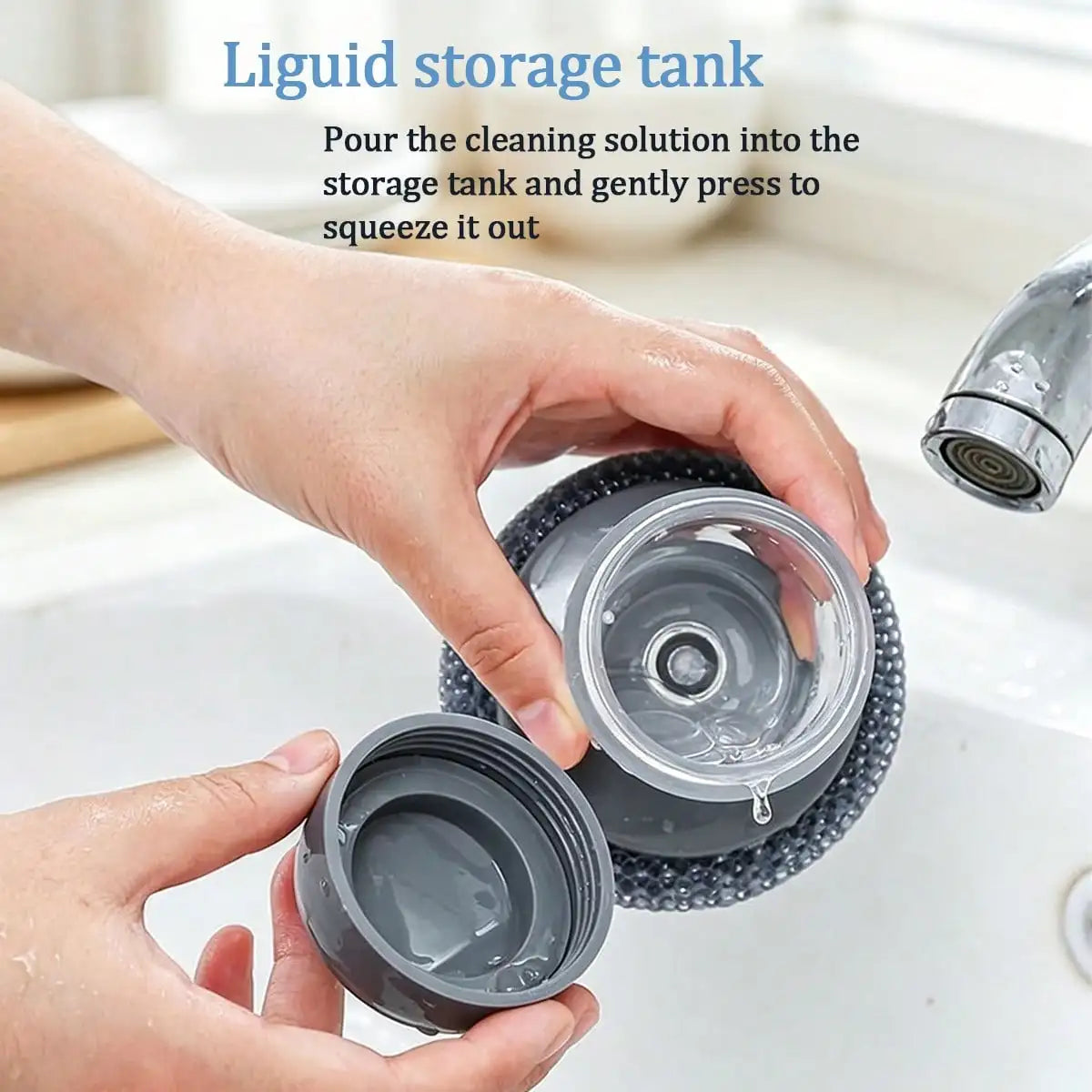 Self-filling soap dispenser brush with replaceable scrubber, gray plastic and clear reservoir