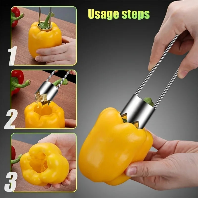 Stainless steel pepper core remover by S And B Enterprise; 3-step yellow bell pepper coring sequence.