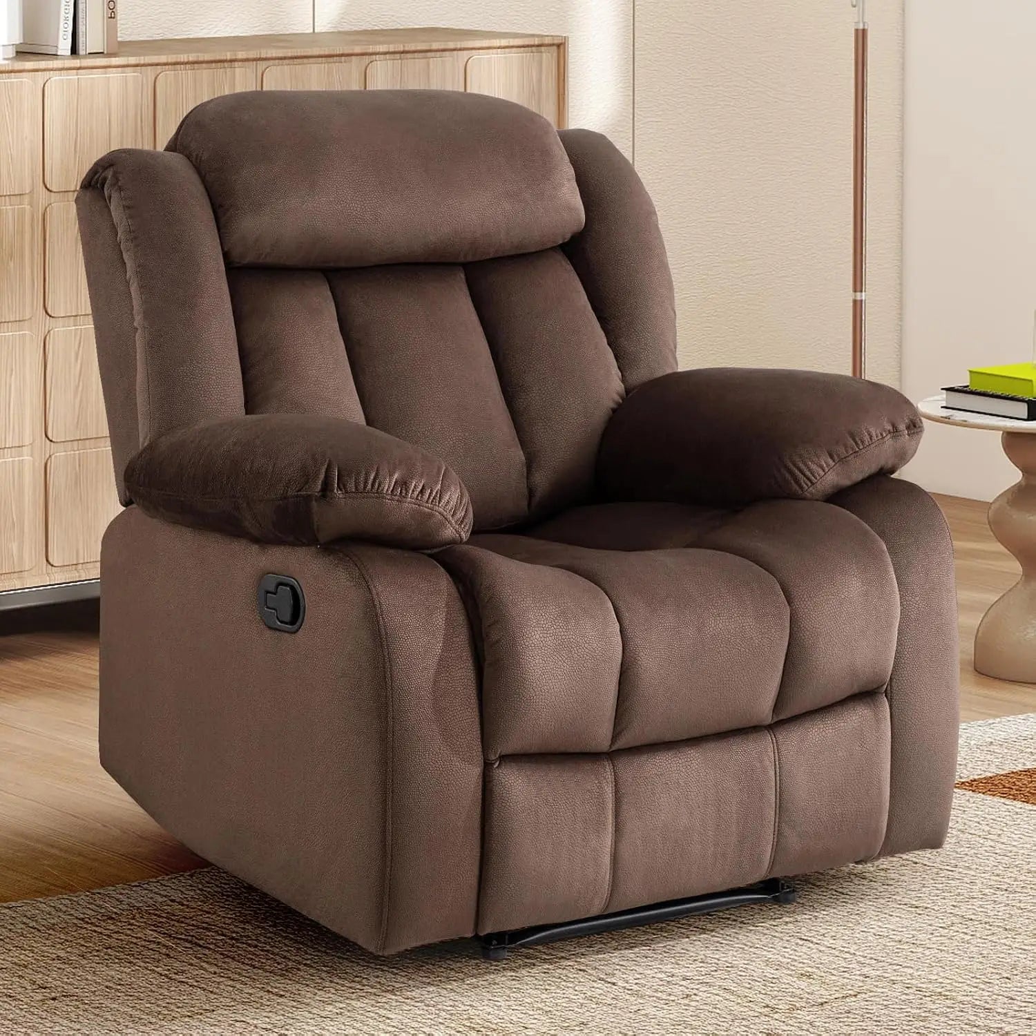 Manual Recliner Chair with Padded Armrests and Overstuffed Back by S And B Enterprise