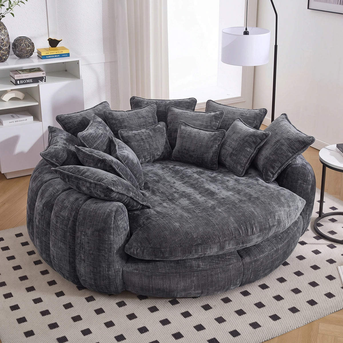 81.1in cloud couch sleeper sofa by S And B Enterprise, oversized round chaise with 14 pillows in dark gray chenille