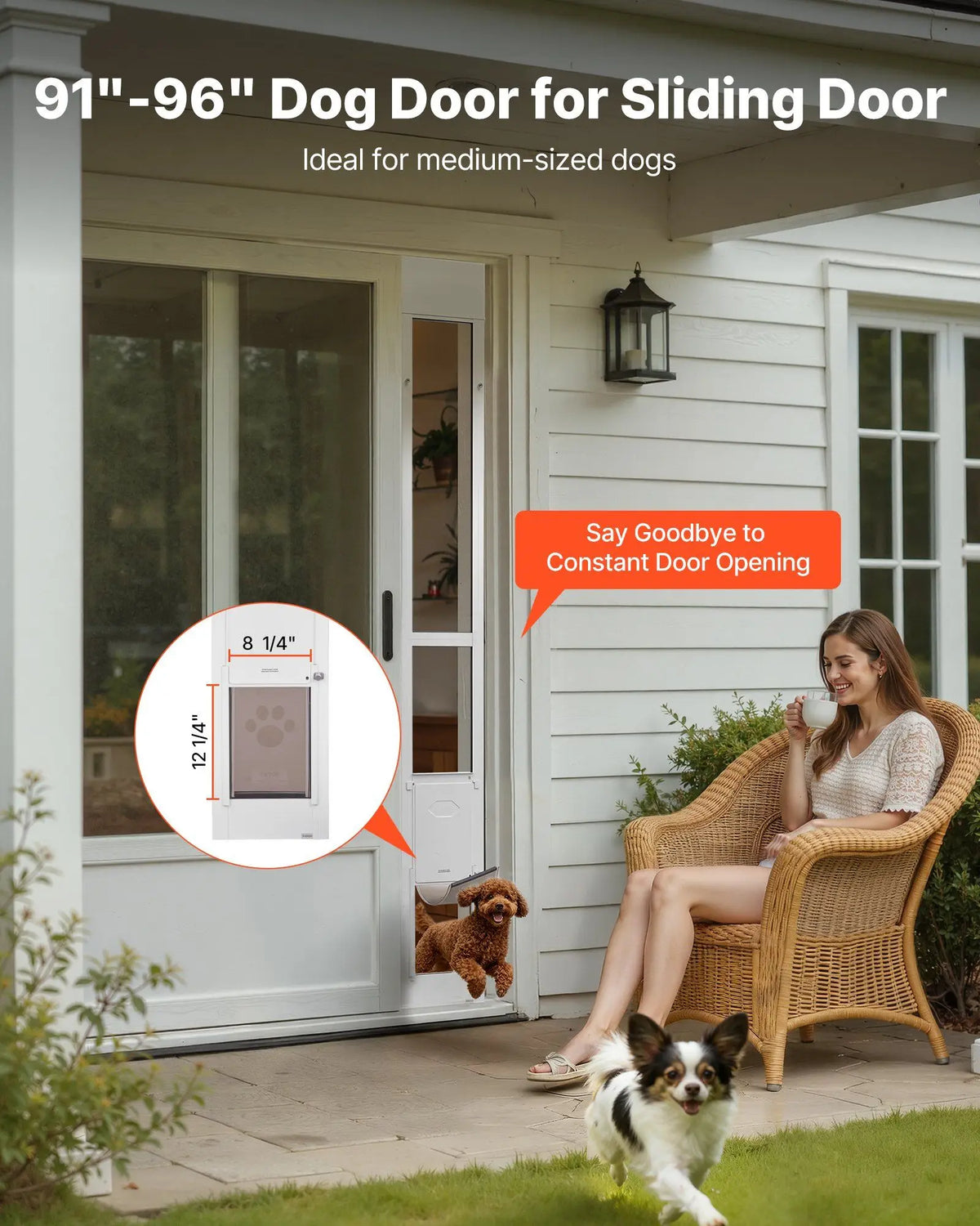Dog door for sliding glass door by S And B; adjustable 91–96 in, aluminum frame, 8.25 × 12.25 in flap