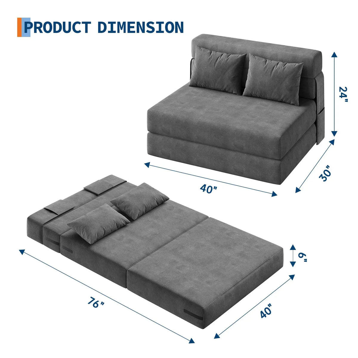 S And B Enterprise 4-in-1 folding sofa bed in gray corduroy with two pillows, space-saving sleeper.