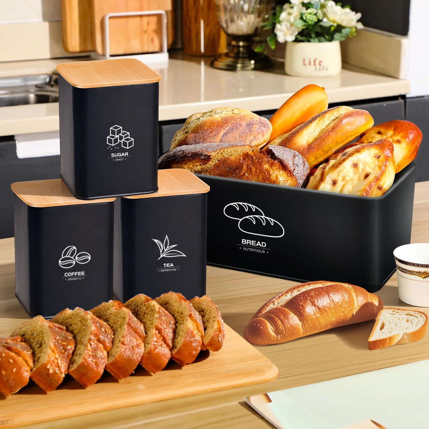 Metal Bread Box With Lidded Jar Set for Kitchen Storage by S And B Enterprise