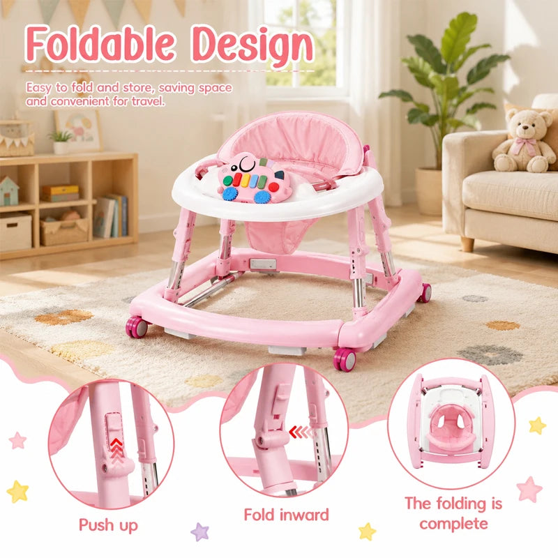 5-in-1 Foldable Baby Walker by S And B Enterprise, pink with musical toy bar and adjustable height.