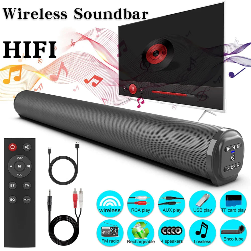 Wireless soundbar system by S And B Enterprise; black Bluetooth TV speaker with portable subwoofer and remote