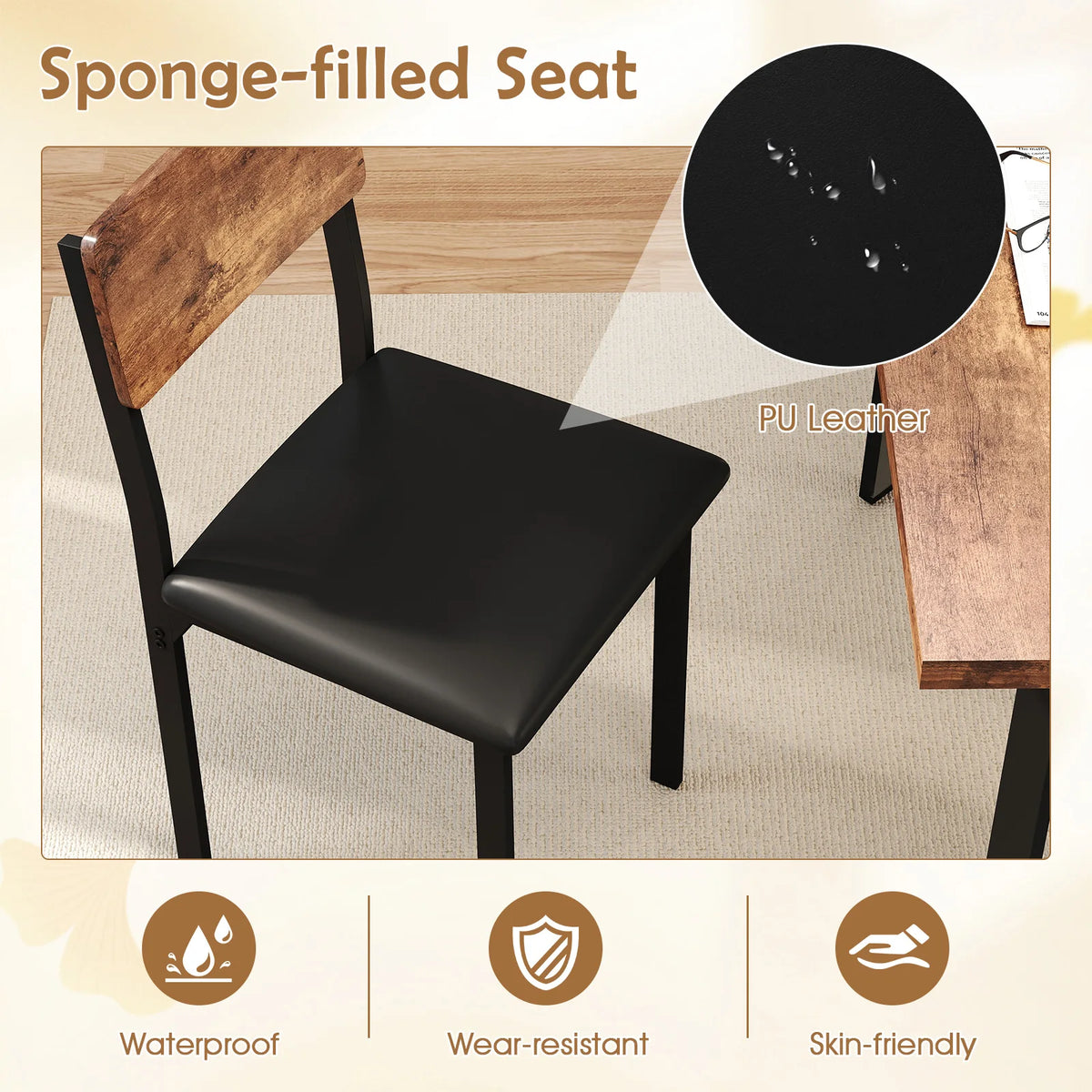 5-Piece Dining Set for 4 by S And B Enterprise with black PU leather chair and wooden backrest
