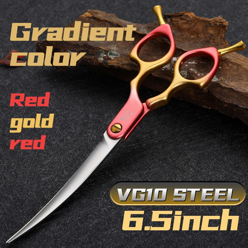 Fenice professional curved grooming scissors, VG10 steel, red-gold gradient handles, 6.5 inch