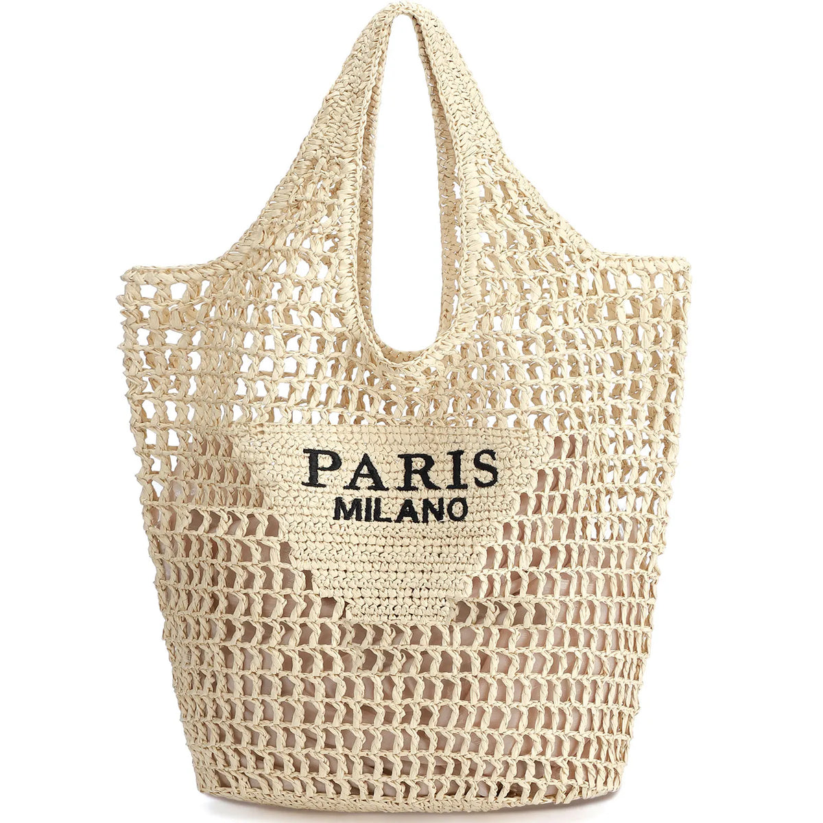 Straw beach tote bag for women, handmade open-weave natural beige with Paris Milano print