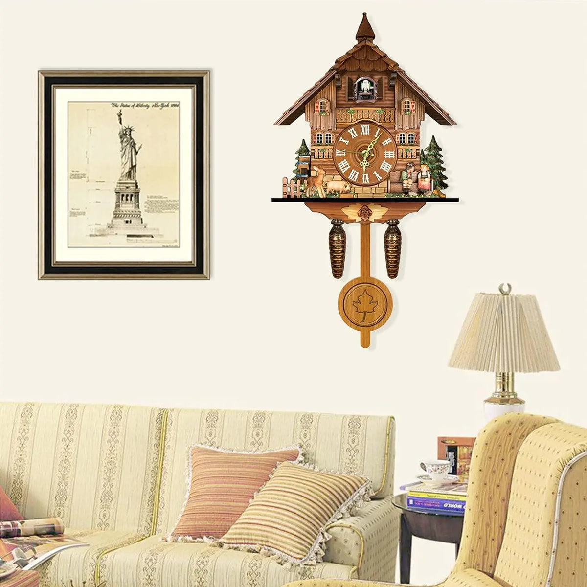 Cuckoo wall clock by S And B Enterprise; wooden chalet-style clock with Roman numerals.