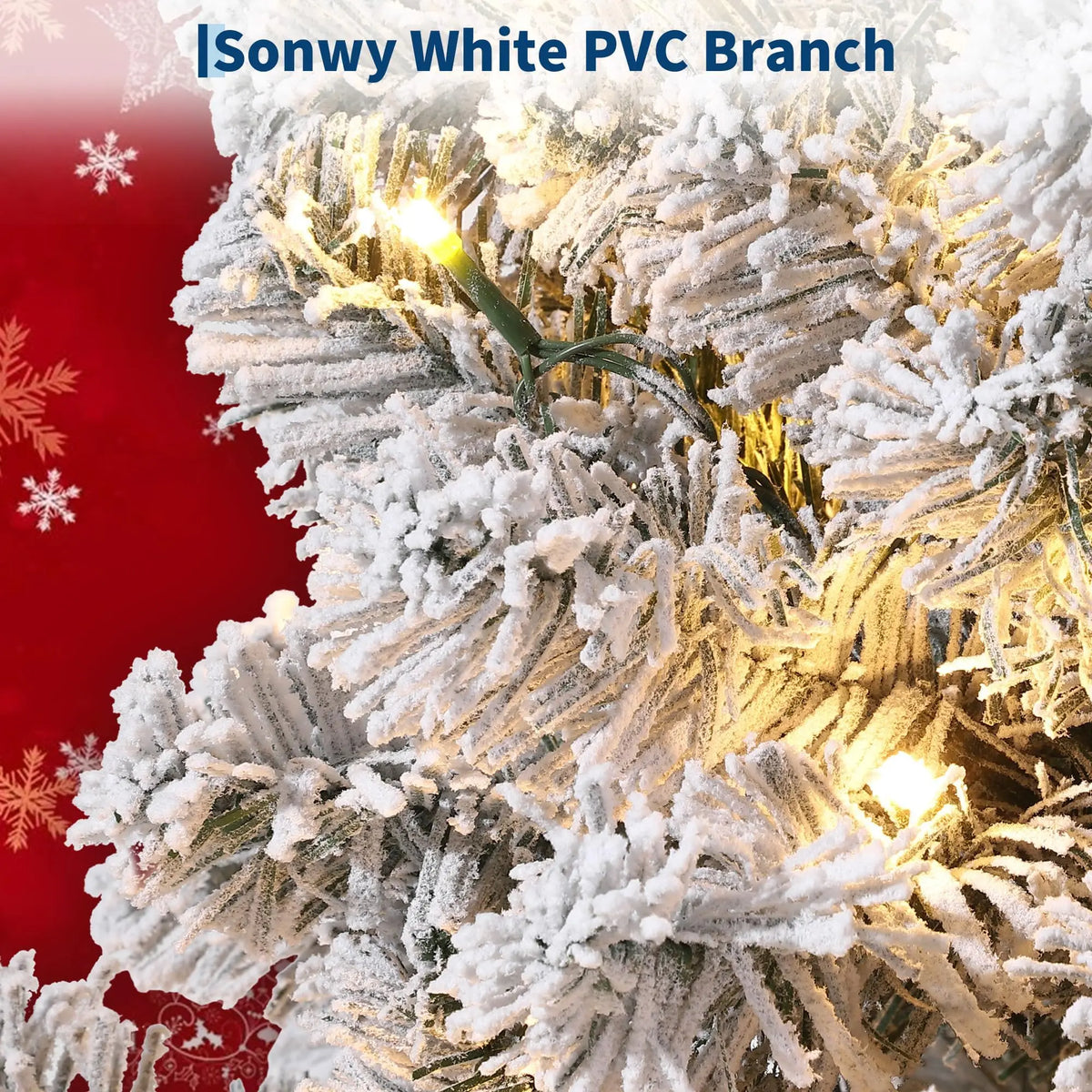 Flocked artificial Christmas tree, 6–7.5 ft, snowy branches with warm white LED lights.
