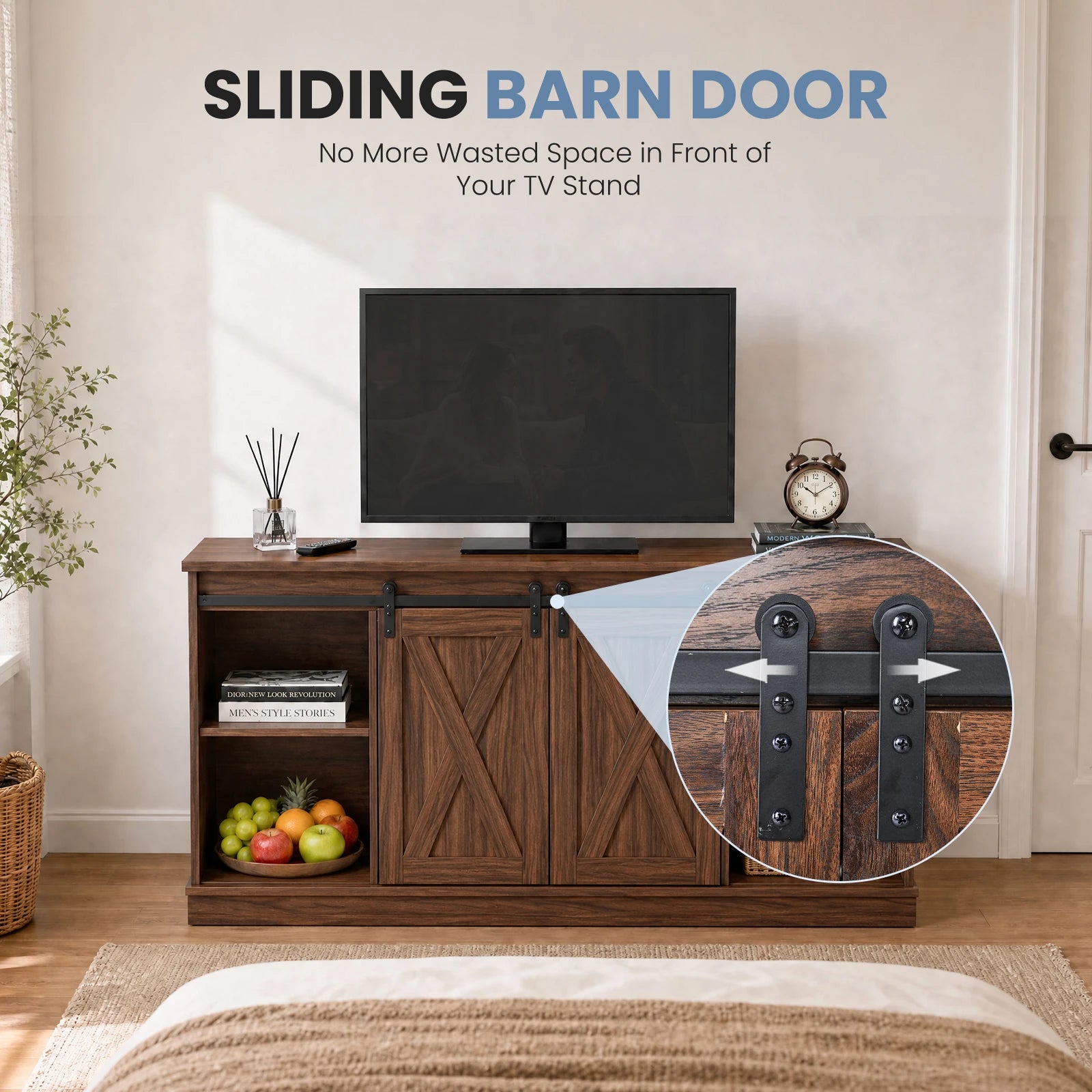 MCQ wood storage TV stand by S And B Enterprise with sliding barn doors in dark brown finish.